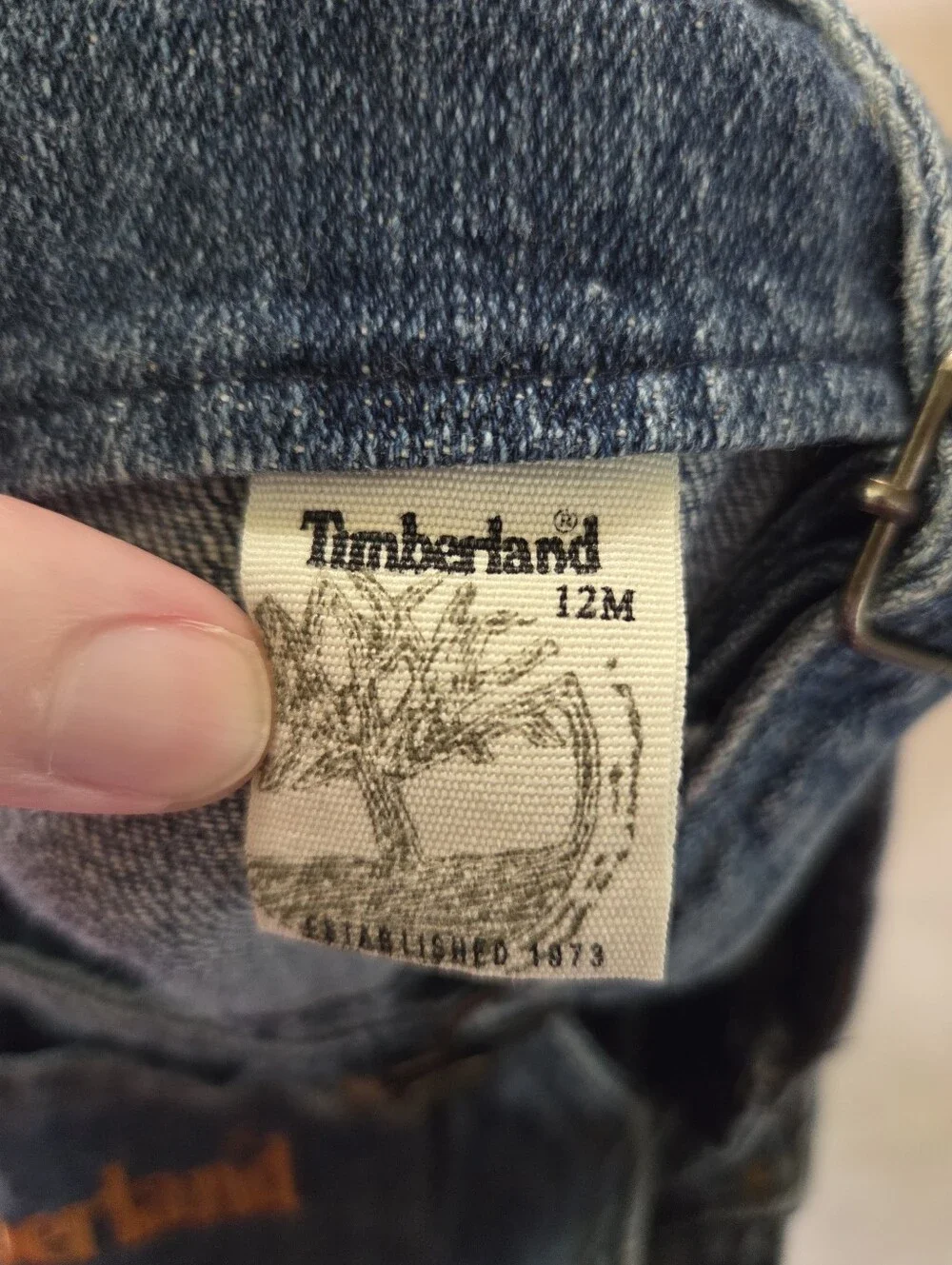 Timberland Dark Blue Denim Jean Overalls with Orange Logo Baby Size 12M